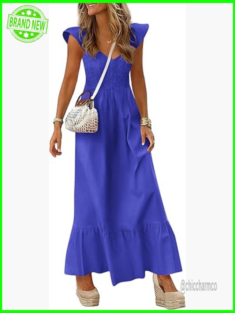 Women's V Neck Cap Sleeve Smocked Maxi Dress With Pockets